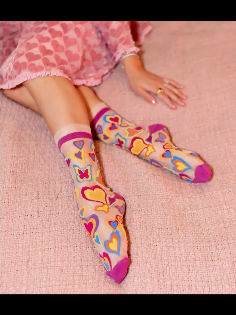 Y2K Hearts Ruffle Sheer Crew Sock.